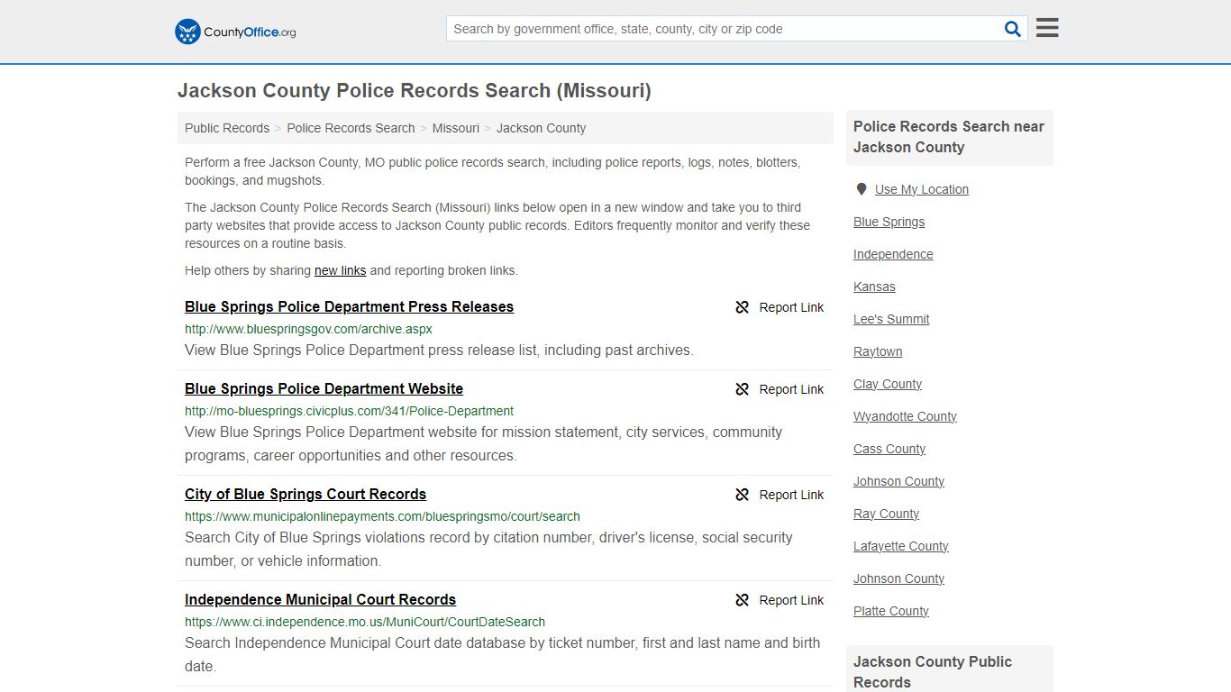 Jackson County Police Records Search (Missouri) - County Office